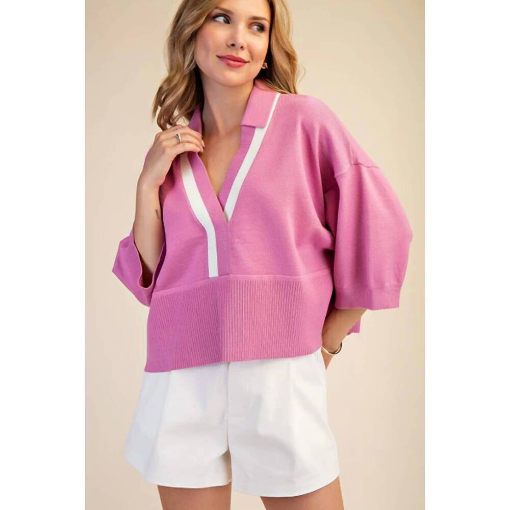 NEW GLAM val v-neck contrast sweater in pink